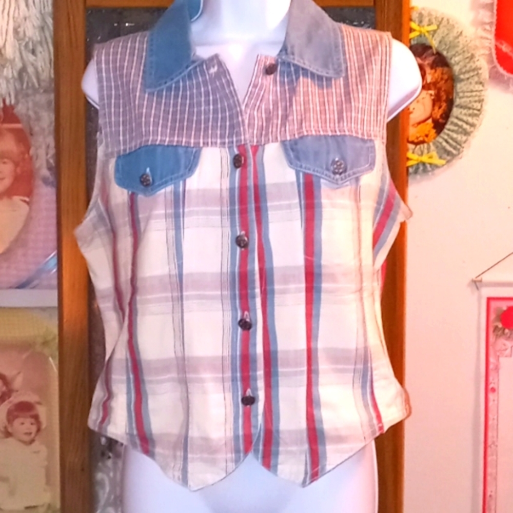 Cute,Vintage 90's,Western Style/Cowgirl, Red,White & Blue,Button Down,Crop Top❤